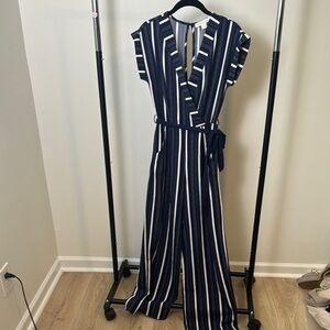 Monteau Navy and White Short Sleeve Belted Striped Open Back Jumpsuit Size Small